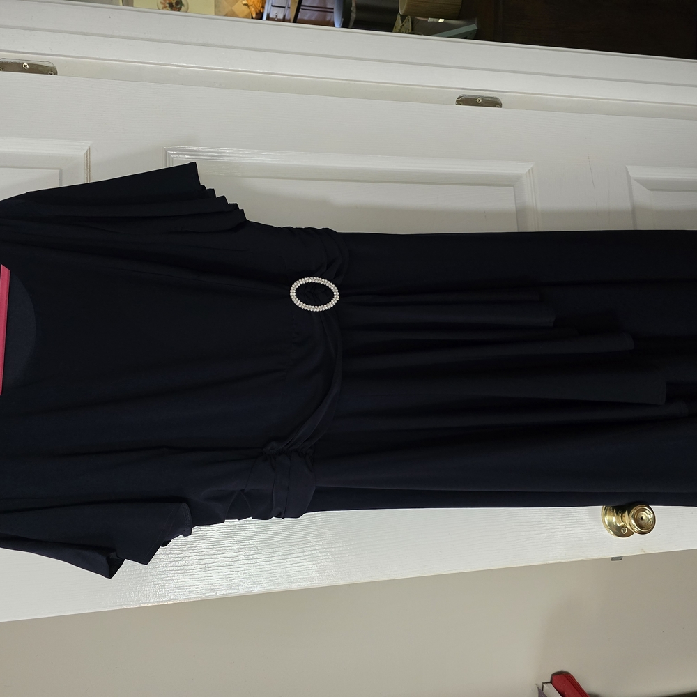Hanna Nikole Navy Blue Dress with Rhinestone Buckle Accent